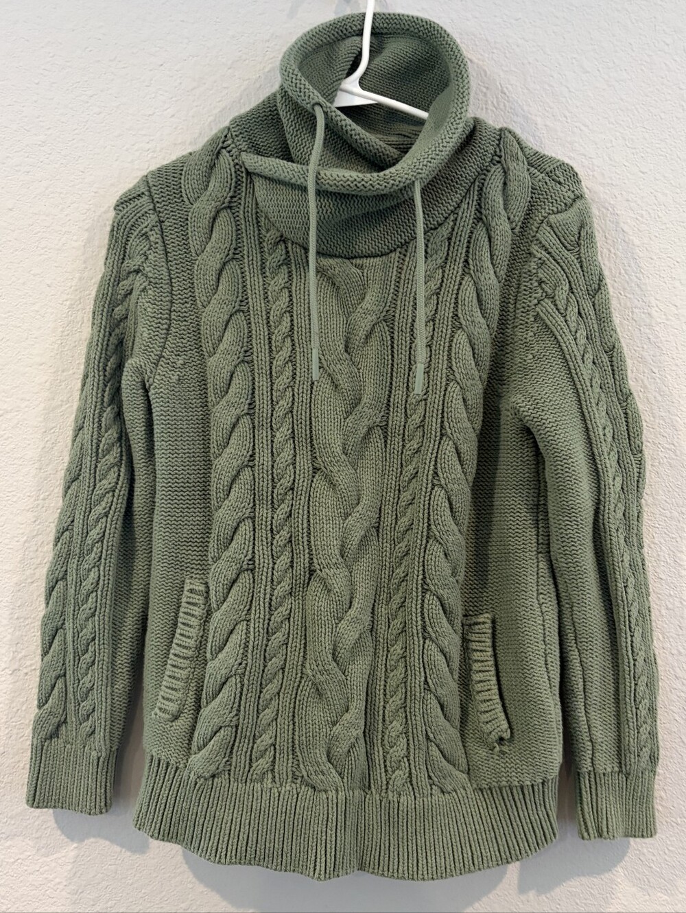 LL BEAN Womens Green Funnel Cowl Turtleneck Cable Knit 100% Cotton Sweater Med